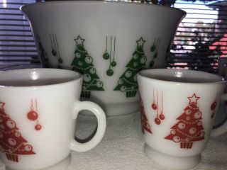 Rare Vintage Milk Glass Christmas Tree Punch Bowl Or Egg Nog Set.  6 Glasses. 3