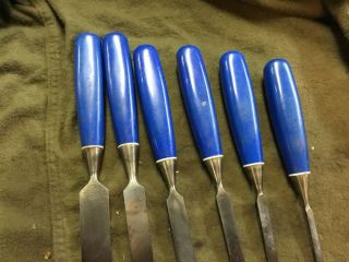 Vintage Set of Six Marples Blue Handle Woodworking Paring Chisel Set England 5