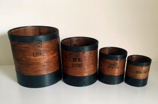 4 French Vintage Wood & Metal Grain Measuring Cups/ Canisters