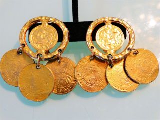 Vtg 70s Kenneth Lane Kjl Exotic Gold Coin Dangle Chandelier 2.  3 " Runway Earrings