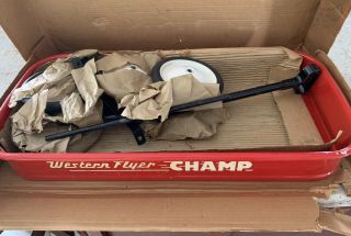 Antique Western Flyer Champs Red Metal Wagon Old Store Stock 1950s