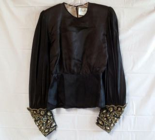 Mary Mcfadden Couture Black 100 Silk Top W/ Heavy Embellished Sleeves Size 8
