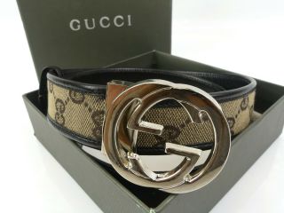 R1536 Auth Vintage Gucci Interlock Gg Belt Brown Canvas/ Black Calf Leather