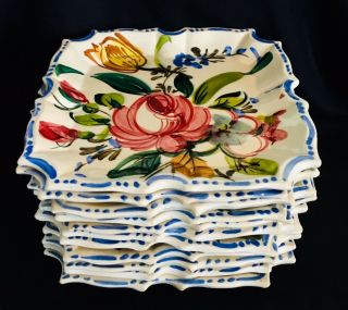 Vintage Hand Painted Floral Art Pottery Plate Set (11) Italy.  (1143)