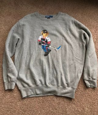 Vintage 90s Polo Ralph Lauren Bear Hockey Sweatshirt Size L