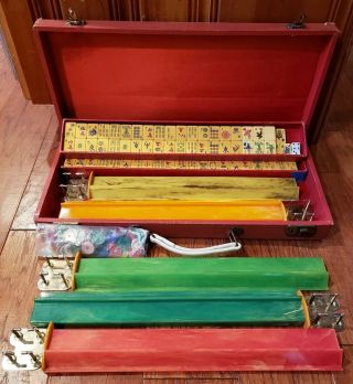 Vintage Butterscotch Bakelite Mah Jong Set 5 Racks Case 162 Tiles