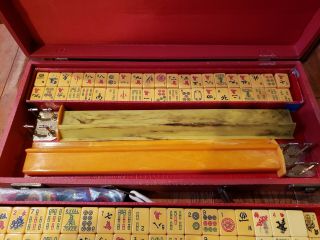 Vintage Butterscotch Bakelite Mah Jong Set 5 Racks Case 162 Tiles 3