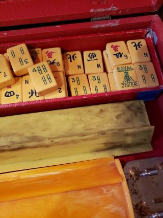 Vintage Butterscotch Bakelite Mah Jong Set 5 Racks Case 162 Tiles 4