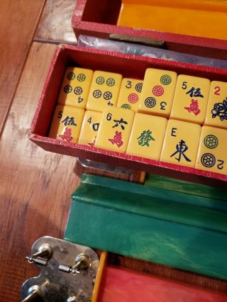 Vintage Butterscotch Bakelite Mah Jong Set 5 Racks Case 162 Tiles 5