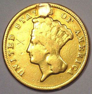 1854 Indian Three Dollar Gold Coin ($3) - Fine Details (plugged) - Rare Coin