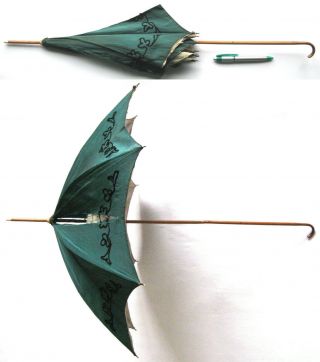 Antique Victorian Green Black Silk Long Handled Pagoda Parasol Umbrella 1850 - 60