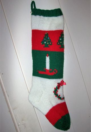 Hand Knit Christmas Stocking Vintage Pattern Candle Trees Wreath Personalized