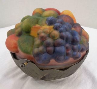 Vtg Reverse Painted Shade Fruit Basket Bowl Table Light Lamp Puffy Glass Figural