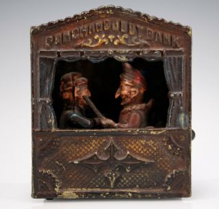 Antique Punch And Judy Cast Iron Mechanical Coin Bank 1884