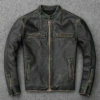Men’s Motorcycle Biker Vintage Distressed Black Faded Real Cow Leather Jacket