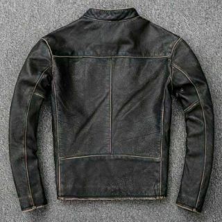 Men’s Motorcycle Biker Vintage Distressed Black Faded Real Cow Leather Jacket 2