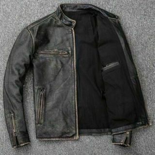 Men’s Motorcycle Biker Vintage Distressed Black Faded Real Cow Leather Jacket 3