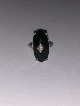 Vintage 10k White Gold Onyx & Diamond.  03ctw Cocktail Ring