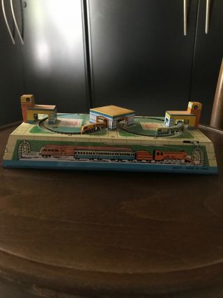 Vintage Old Tin Toy Train Station Mechanical Wind - Up Locomotive 1950 