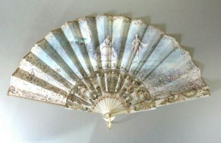 Antique Mother Of Pearl Hand Painted Fan In Case