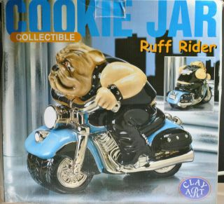 Rare Blue Vintage 2001 Clay Art " Ruff Rider " Hand Painted Cookie Jar
