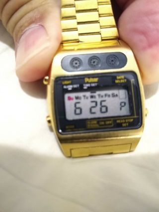 Vintage PULSAR Rare Gold Tone S.  Steel Digital Alarm Japan Y703 - 5009 Watch - Runs 4
