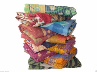 10 Pc Vintage Indian Kantha Quilt Bedspread Handmade Reversible