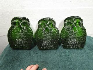 3 Vintage Mid Century Blenko Glass Owl Bookends Emerald Green Joel Meyers