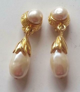 Fendi Vintage Earrings Baroque Pearl Drops Gold Ff Logo