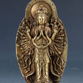 Vintage Oriental Chinese Brass Handwork Carved Thousand - Hand Bodhisattva Statue