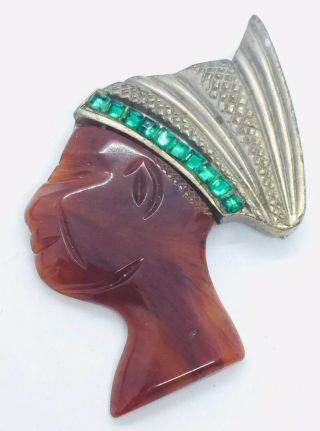 Reinad Vintage Silver Tone Metal & Bakelite Green Rhinestone African Woman Pin