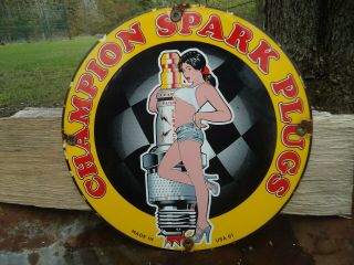 Old Vintage 1961 Champion Spark Plug Porcelain Gas Pump Sign