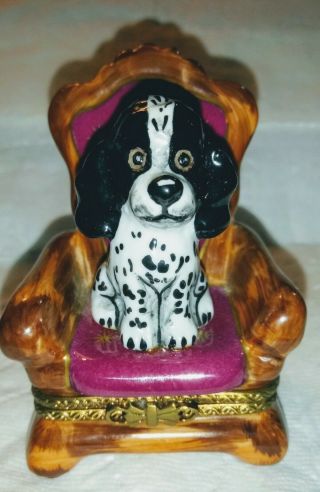 Limoges France Peint Main Dog On The Throne " Rochard Footed /rare Vintage