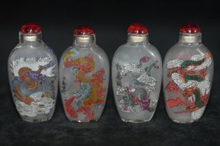 Exquisite Inside Painting Chinese Dragon Totem Glass Snuff Bottle Four A Set.