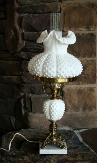 Vintage Fenton White Milk Glass Hobnail 3807 21 Inch Student Lamp Lovely 1960s