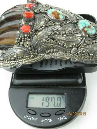 Vintage Native American NAVAJO Sterling Silver Belt Buckle Turquoise & Coral 2