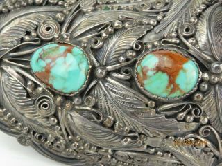 Vintage Native American NAVAJO Sterling Silver Belt Buckle Turquoise & Coral 3