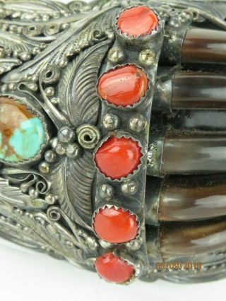 Vintage Native American NAVAJO Sterling Silver Belt Buckle Turquoise & Coral 4