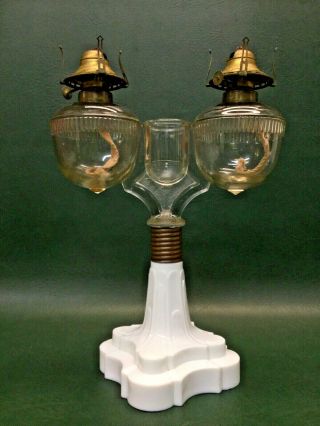 Rare 1870s D.  C.  Ripley Oil Kerosene Wedding Marriage Lamp Milk Glass Base