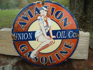 Vintage 1959 Union Oil Co.  Aviation Gasoline Porcelain Gas Pump Sign