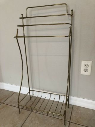 Vintage Gold Brass Tone Wired Metal Standing Towel Rack Mid Century