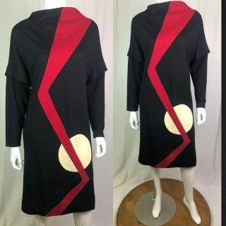 Vintage 80s Abrizzi 10 Black Red Abstract Asymmetric Sheath Shift Dress Designer