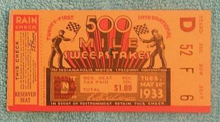 Vtg 1933 Indianapolis 500 Race Ticket Stub 21st Annual 500 Mile Louis Meyer