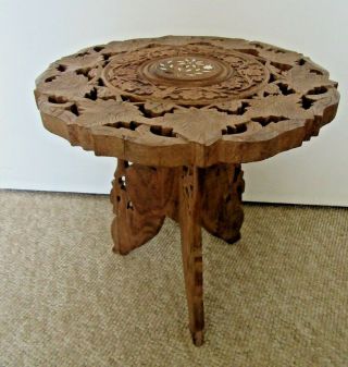 Antique Vintage Indian Carved Wooden Inlaid Table 12 " Diameter 12 " High