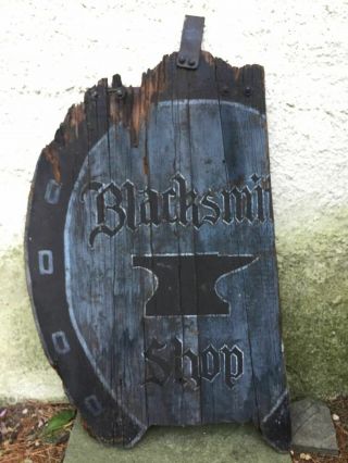 Vintage 1900s Antique Hand - Painted Blacksmith Shop Wooden Horseshoe Trade Sign