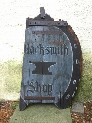 vintage 1900s antique hand - painted BLACKSMITH SHOP wooden horseshoe trade sign 2