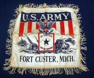Vtg Ww2 Wwii Military Pillow Sham Cover Silk Us Army In Service Fort Custer Mich