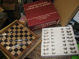Vintage 1983 Cardinal Limited Edition Brass & Pewter Chess Set&carved Wood Board