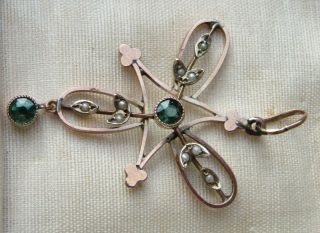 Antique Victorian Rose Gold 9ct.  375ct.  Seeds Pearls Green Emerald Stone Pendant 4