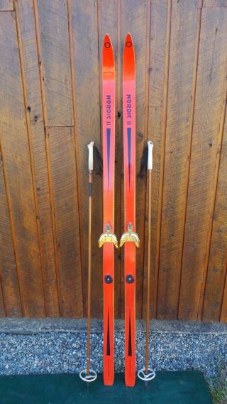 Vintage Wooden 72 " Skis Signed Nordic Ii With Orange Finish,  Bamboo Poles
